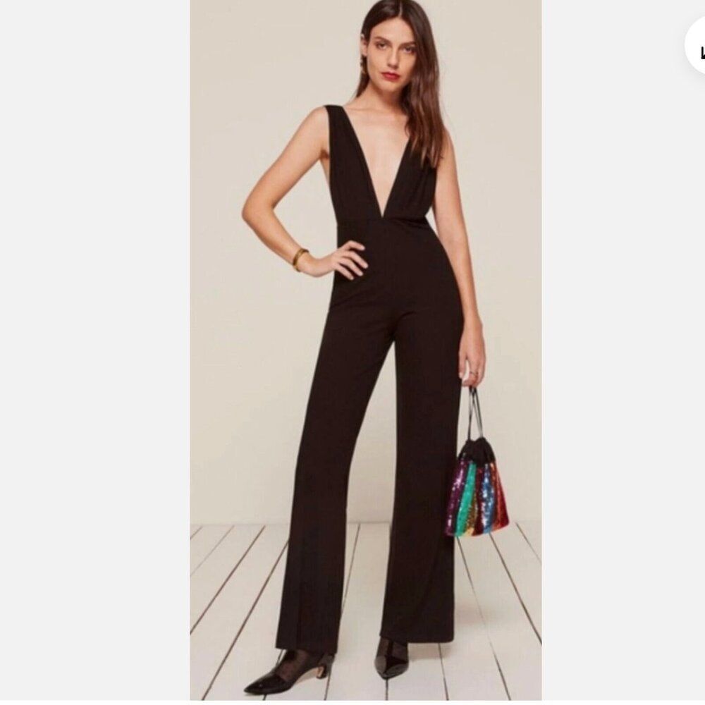Reformation Rib Knit Plunge Deep V Jumpsuit Black Size Large